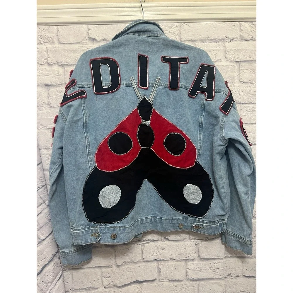 Boohoo Man Embroidered Meditate Varsity Light Wash Denim Jacket Size M
